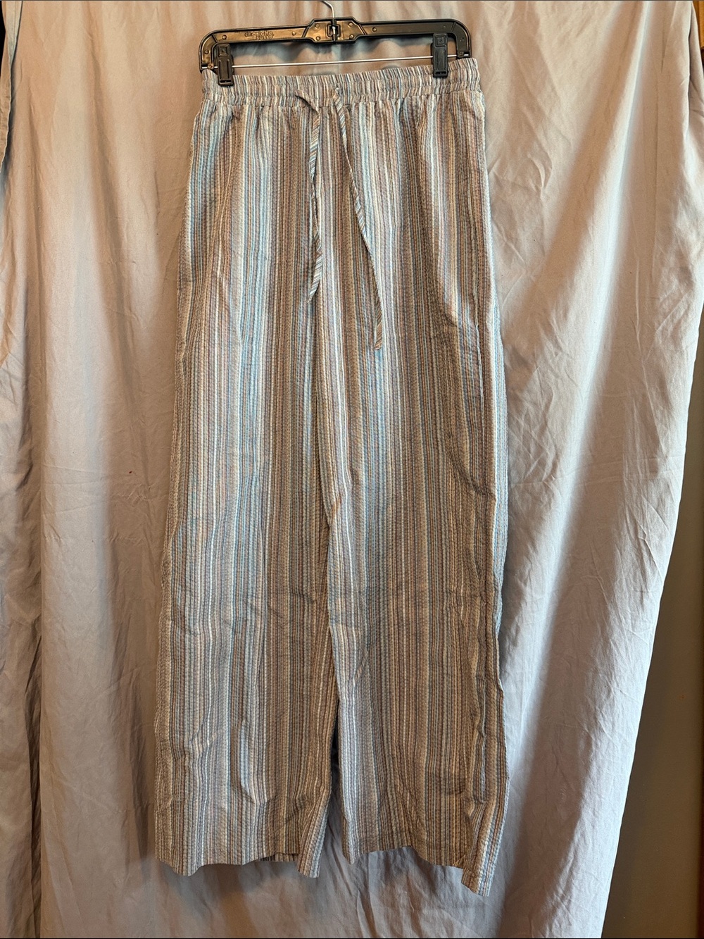 Wide Leg Drawstring Lounge Pants - Light Blue Stripe